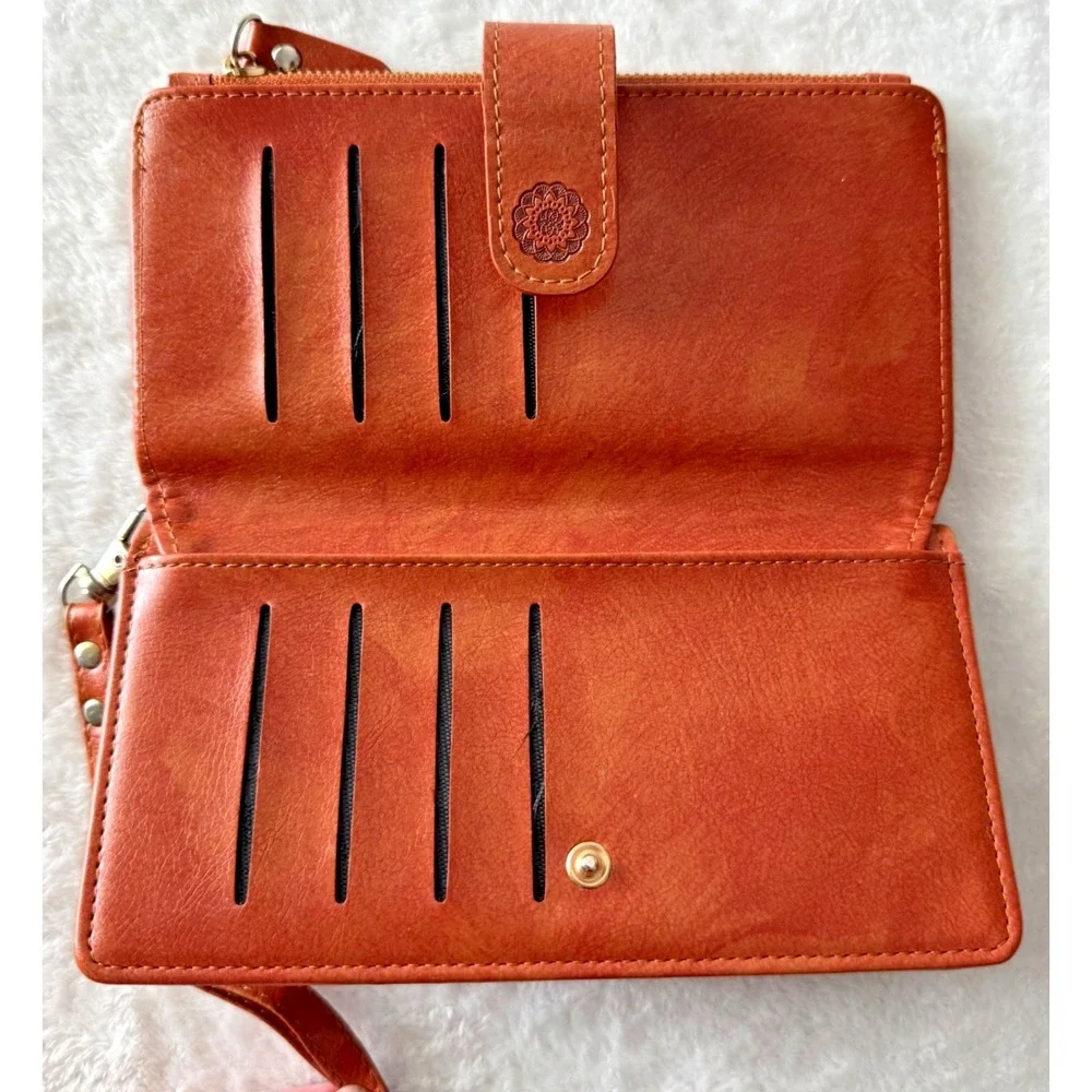 Hand Tooled Brown‎ Leather Floral Wallet Trifold Magnetic Closure
